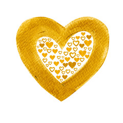 Heart Golden background. For Valentines day gold color watercolor hand paint isolated on white background. Detail 

or closeup brush stroke pattern. 
