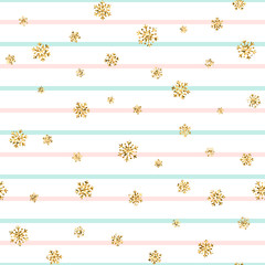 Christmas gold snowflake seamless pattern. Golden glitter snowflakes on blue pink white line background. Winter snow texture design wallpaper Symbol holiday New Year celebration Vector illustration