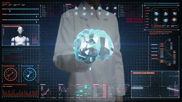 Female doctor engineer touching Brain, connect digital lines in digital display, expanding artificial intelligence Line net tunnel with graph, diagram, User interface. front moving.