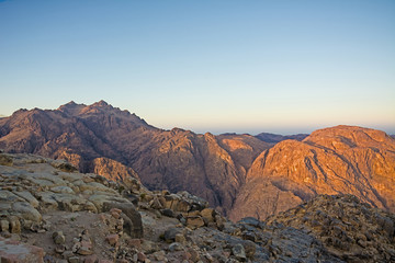 Mount Moses desert sunrise. Nature Background with sky and rocks