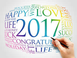 2017 year greeting word cloud collage, Happy New Year celebration greeting card