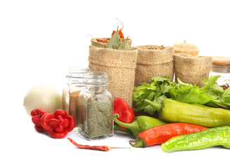 Spices in sacking bags on white background