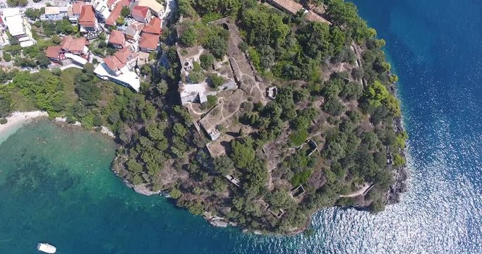 Parga Greece small touristic town on the shore near Sivota. Aerial footage from a drone.