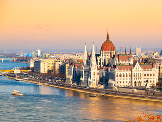 Hungarian Parliament, aka Orszaghaz, historical building on Danube riverbank in the centre of Budapest, Hungary, Europe. UNESCO World Heritage Site. Aerial view from Buda Castle.