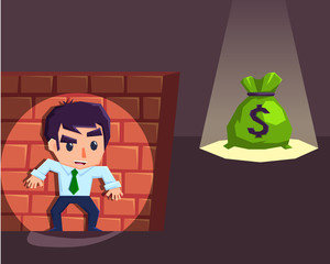 Cute funny Businessman trying to catch ambush money sack Opportunity  scoop some dollar bills. Flat style cartoon illustration.