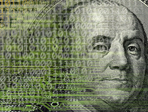 conceptual image of dollar bill and binary code