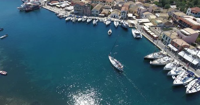 Paxos island capital bay city Gaios near Corfu Island, Kerkyra, Greece. Aerial video from a drone