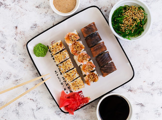 Sushi roll on white background. Top view