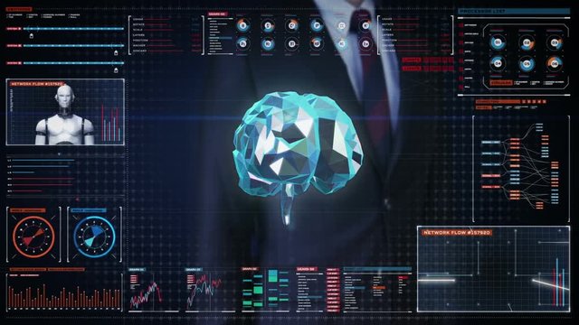 Businessman touching Brain, connect digital lines in digital display, expanding artificial intelligence Line net tunnel with graph, diagram, User interface. front moving.