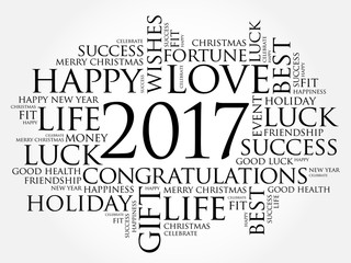 2017 year greeting word cloud collage, Happy New Year celebration greeting card