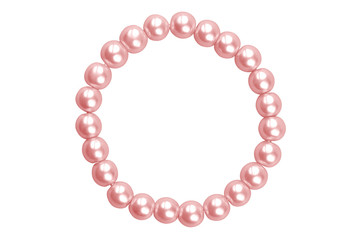 Pink round elastic bracelet made of medium pearl-like round beads, isolated on white background, clipping path included