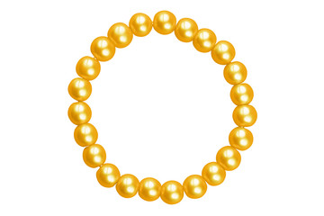 Golden round elastic bracelet made of medium pearl-like round beads, isolated on white background, clipping path included