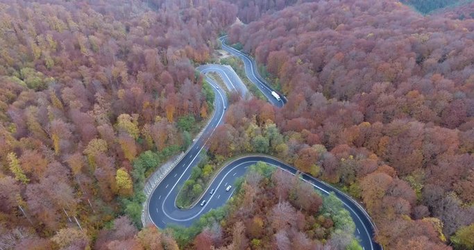 Aerial view of a winding road in the forest. Footage shot from a drone in Transylvania. Cars driving below on the road.