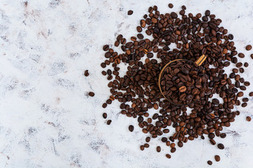 Coffee beans on white background. Top view. Flat lay