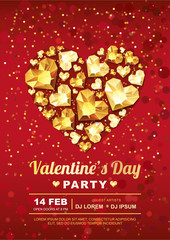 Valentines day party vector poster design template. Gold gem heart on red background. Golden holiday poster with diamonds, jewels. Concept for Valentines banner, flyer, party invitation.