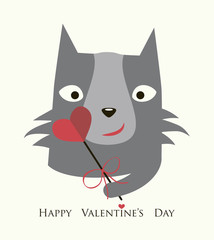 The cover design for Valentine's Day.The grey cat with the decorative heart on the stick.In the bottom of the image the phrase Happy Valentine's day.