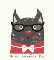 The cover design for Valentine's Day.The gray cat with glasses and bow tie white.In the bottom of the image the phrase Happy Valentine's day.