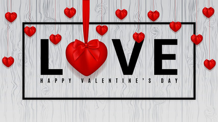 Happy Valentine's Day background. Realistic hearts with bows on tapes isolated on wooden texture. Vector illustration. 