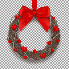 Realistic wreath isolated on transparent backdrop. Symbol of Valentine's Day with hearts and red bow on tape. Vector illustration.