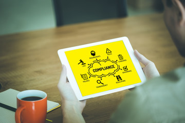 Compliance Chart with keywords and icons on Tablet screen