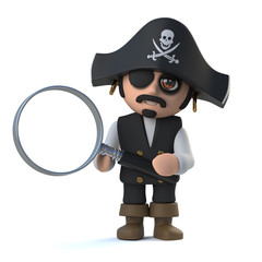 3d Cute pirate captain character holding a magnifying glass