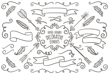 Collection of hand drawn vintage elements. 