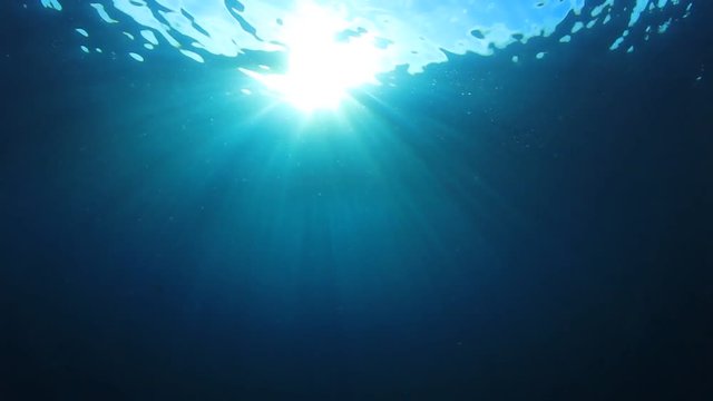 Underwater ocean background footage with sun shining through water surface