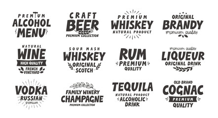 Menu, alcoholic drinks. Vector labels wine, beer, whiskey, brandy, rum, liqueur, vodka, tequila, cognac, champagne