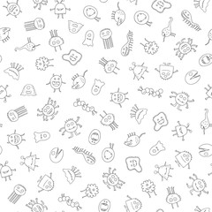 An illustrated icons of different monsters in black and white. Seamless pattern.