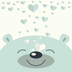 The cover design.Smiling little polar bear's face on the white background. The decorative hearts are falling on its face.