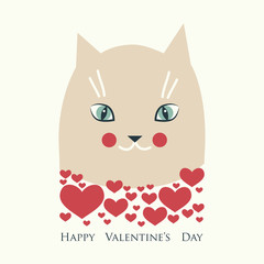 Fototapeta premium The cover design for the Valentine's day.The beige cat with the red decorative hearts and t the phrase Happy Valentine's day on the bottom of the image.