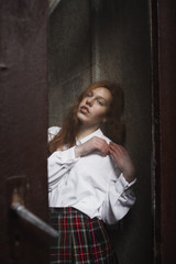 Wonderful redhead model with freckles behind the glass door