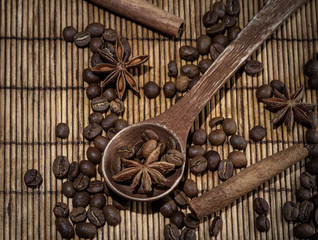 set of wooden utensils with star anise pepper cinnamon isolated on the Mat