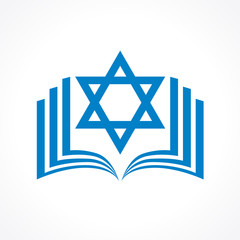 Online torah or tanakh vector logo. Open book with david star clipart icon. Computer software or phone application educational studying sign. Network user jewish avatar.