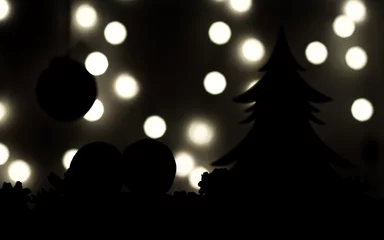 Papier Peint photo Lumière et ombre silhouettes Christmas tree, tangerines on dark background and lights in blur