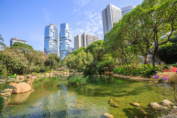 Obraz premium Beautiful view of pond at the lush Hong Kong Park surrounded by skyscrapers in the Central business district in Hong Kong island. Sunny day with blue sky.