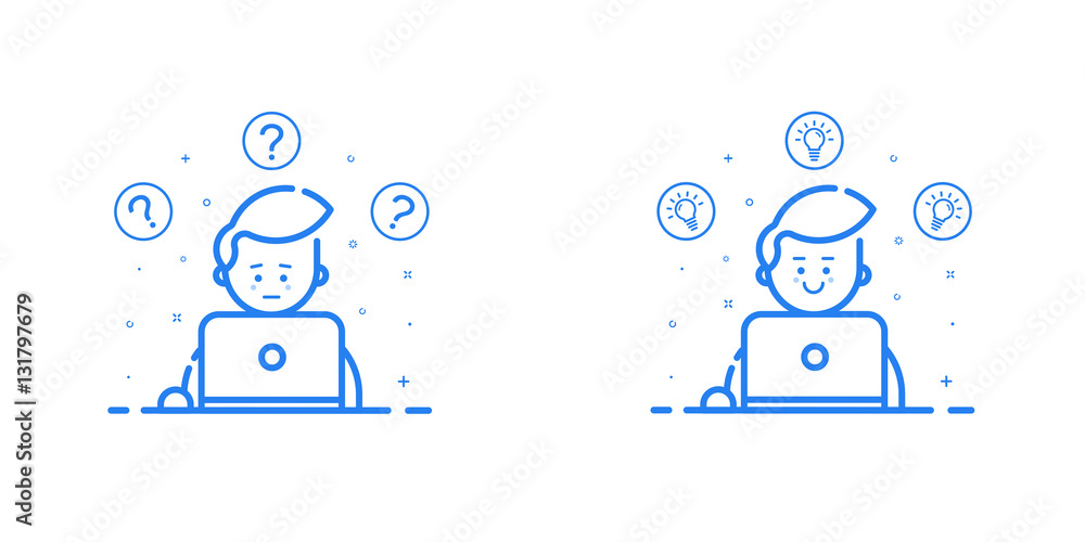 Poster vector illustration in flat line style and blue color. problem solving concept. man thinking - with 