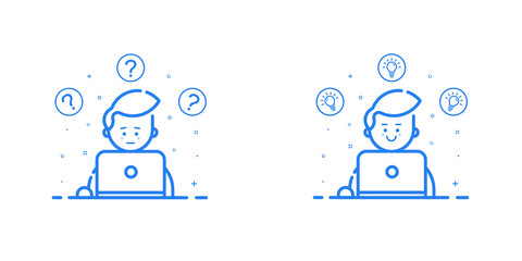 Vector illustration in flat line style and blue color. Problem solving concept. Man thinking - with question mark and light bulb icons - creative idea. Use in Web Project and Applications.