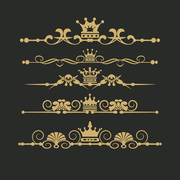 Vector set. Victorian Scrolls and crown. Decorative elements. Gold on black background