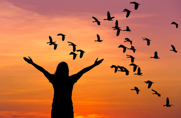     silhouette woman standing raised up hands celebrate during  flock of lesser whistling duck...