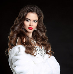 Beauty Fashion Model Girl in white Mink Fur Coat. Red lips makeu