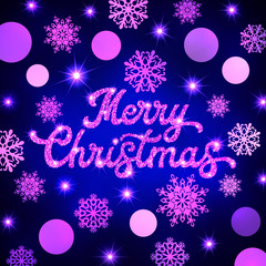 Merry Christmas glitter hand lettering inscription on Xmas background with pink circles, snowflakes. Glittering texture text on blue backdrop. Seasons greetings card design. Font vector illustration.