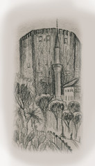  Tower and minaret. Graphic sketch