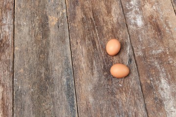  egg on wood background. Top view