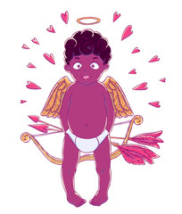 Valentine's day. Funny african american Cupid-boy in pants with bow and arrows in his hands and golden wings. Hearts around.