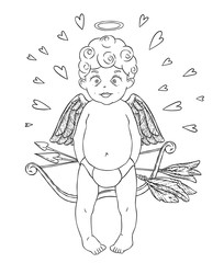 Valentine's day. Funny african american Cupid-boy in pants with bow and arrows in his hands and golden wings. Hearts around.
