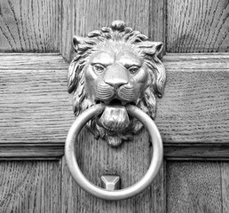 Lion head knocker on an old wooden door in Florence,Tuscany, Italy (black and white)