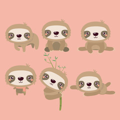 Cute cartoon smiling lazy sloth animal characters in different positions.
