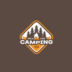 Camping and outdoor adventure retro logo, badge, sticker, stamp for your design. Summer and winter vacation insignia. Vector Illustration.
