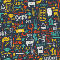 Medicine Health care hand drawn seamless pattern. Vector illustration can be used for package, wrapping, banners, site headers. Colorful sketch design with lettering